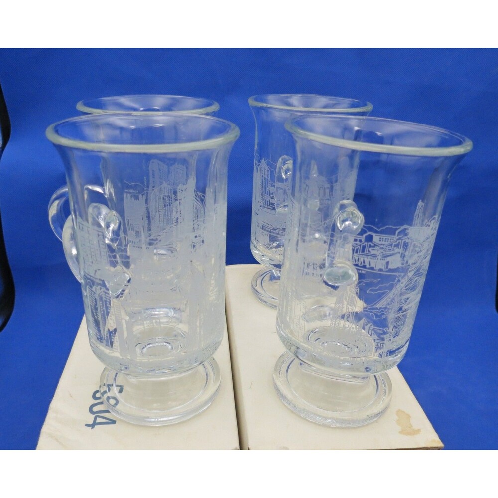 HSI Vintage 1984 Pittsburgh PA Cityscape Etched Irish Cream Mugs Set of 4